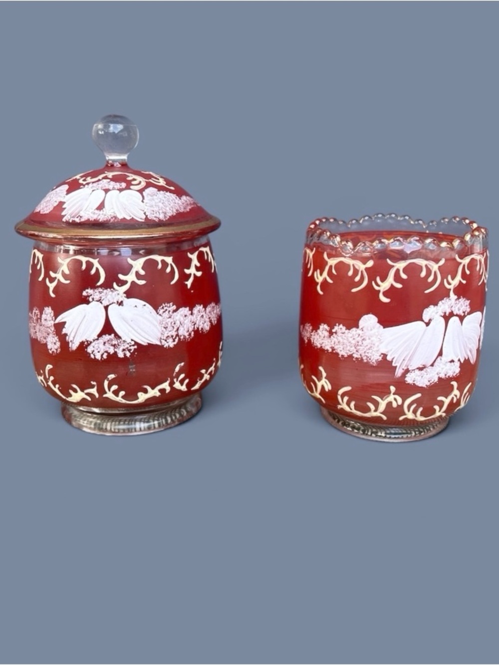 Bohemian Art Nouveau Lidded Jar with Open Vessel Jar.